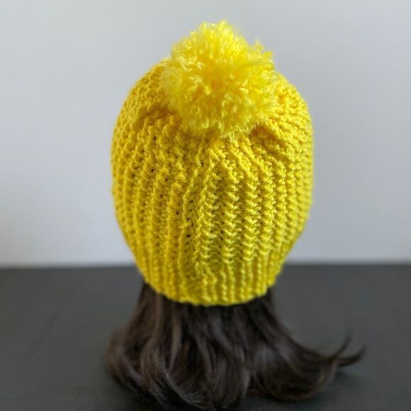 Handmade Knit Pom Pom Hat Yellow - Picture 7 of 7